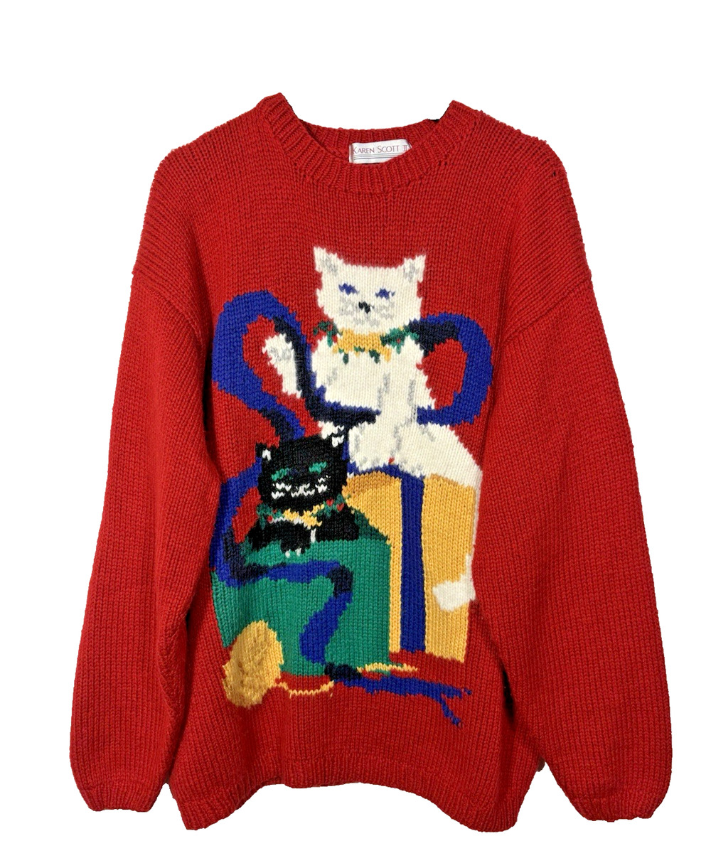 Cat Christmas Sweater 90s Karen Scott 1X Presents Red Black White Kitten Vintage